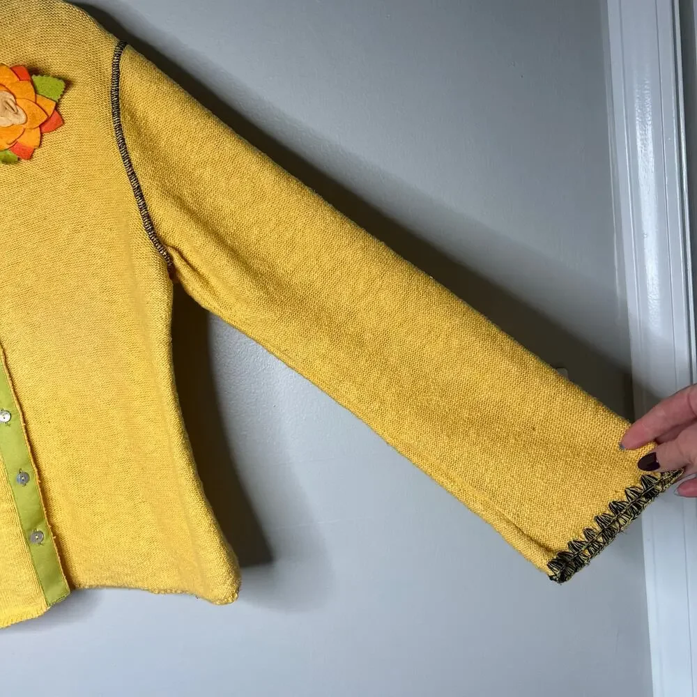 VTG Yellow Knit Button Front Cardigan Sweater Floral Applique Sz M Boho Eclectic